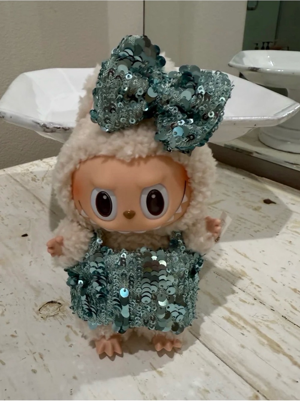 Sequined Labubu clothes 2 pcs outfit sequin dress and bow set